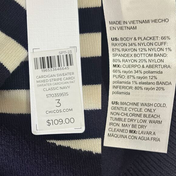 CHICO'S NWT Mixed Stripe Balloon Sleeves Knit Cardigan Sweater Size 3/XL - Picture 12 of 13